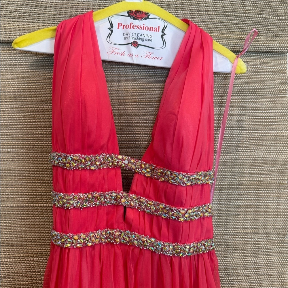 Elegant Coral Pink Backless Rhinestone Evening Gown - Picture 13 of 13